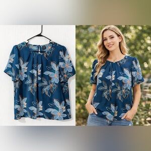 SHEIN Blue Floral Blouse XL Pleated Front Short Sleeve Lightweight Top